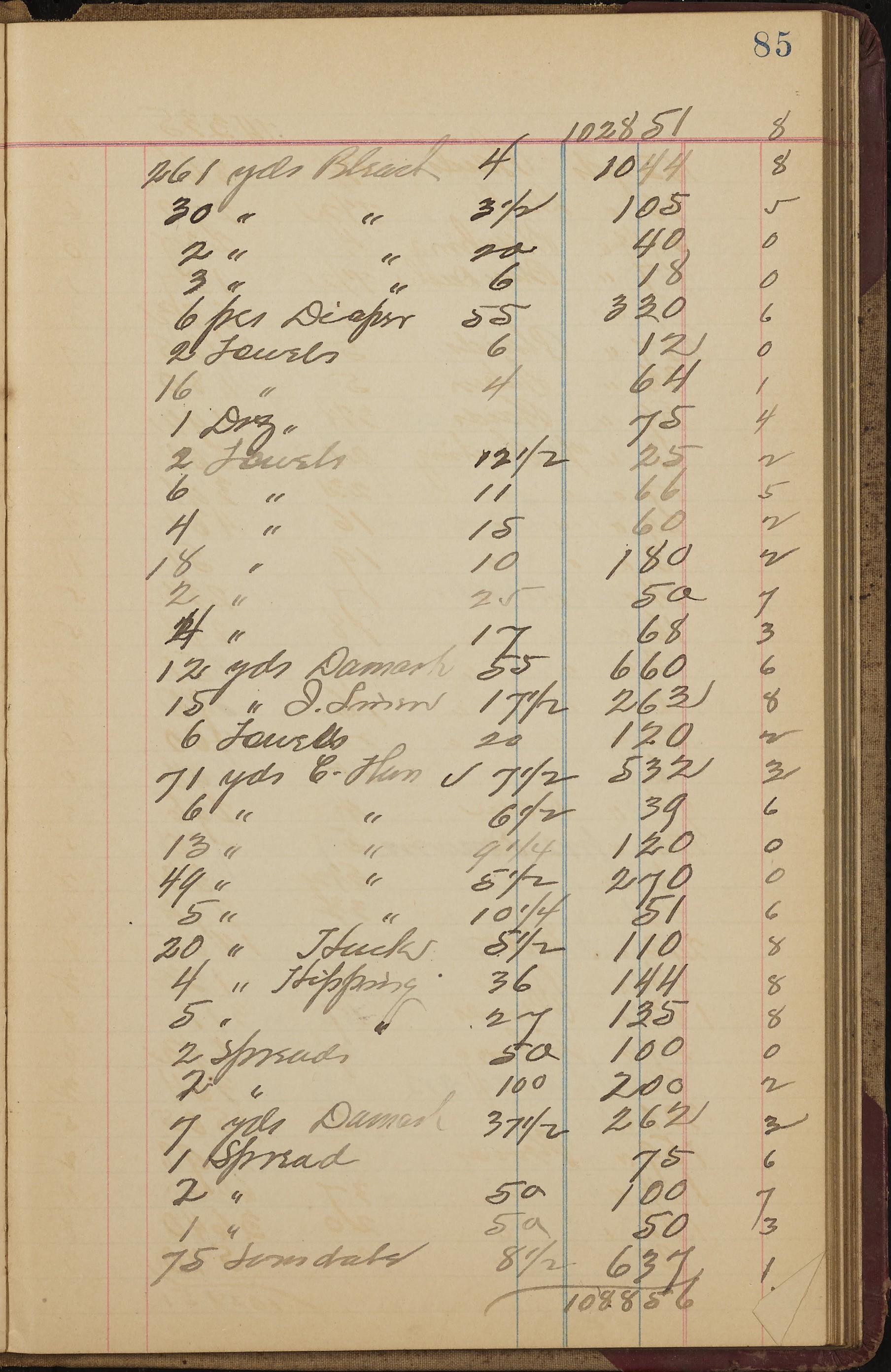 A handwritten ledger page of yards, prices and totals, 1899